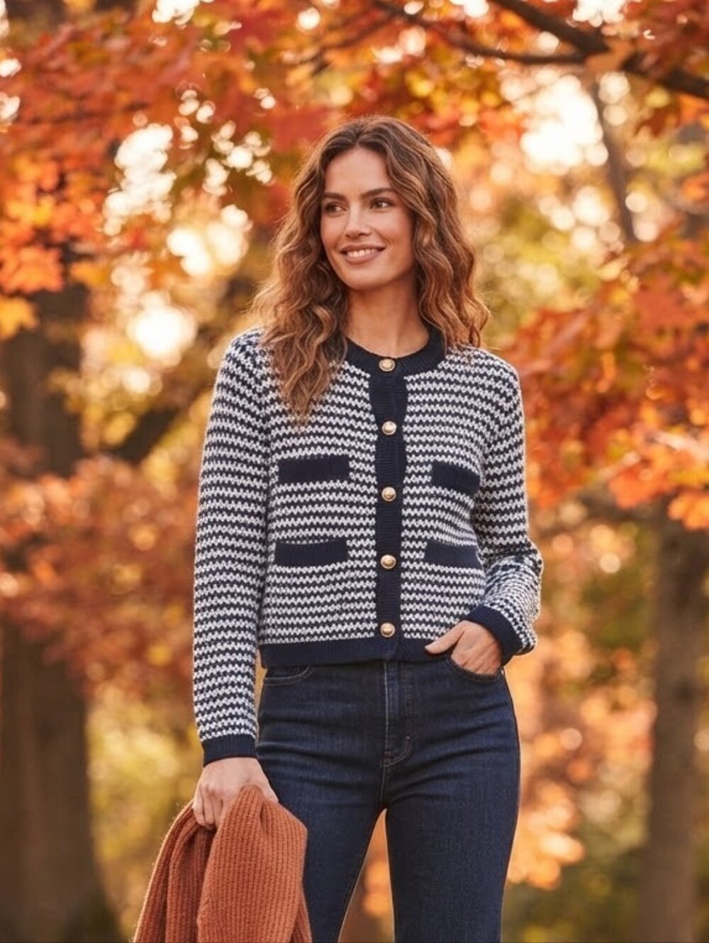 Free Assembly Navy Blue & White Houndstooth Button-Up Cardigan Sweater Size XL